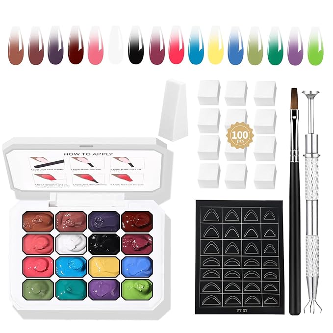 16 Colors Ombre Gel Nail Polish Palette,Pat Painting Gradient Blooming Gel Polish with 100Pcs Nail Sponges Gel Color Palette Gels Art Patting Gels Nail Kit