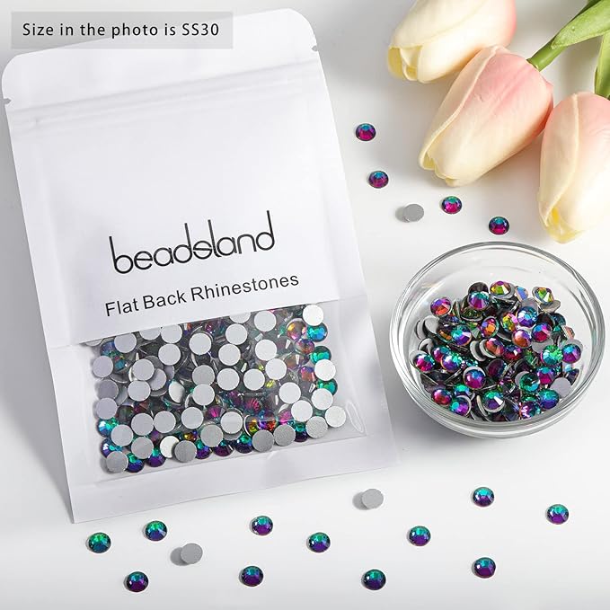 Beadsland 576pcs Flat Back Crystal Rhinestones Round Gems for Nail Art and Craft Glue Fix, Green Volcano, SS30,6.3-6.5mm
