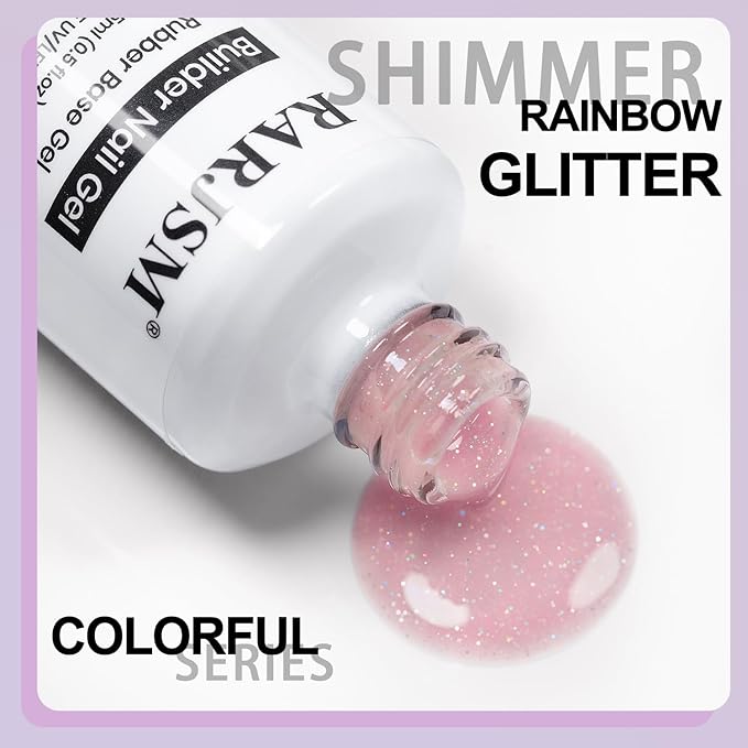 RARJSM Nude Baby Pink Rainbow Glitter Rubber Base Coat Gel Nail Polish Natural Skin Tone Iridescent Shimmer Brush on Extend Jelly Gelpolish Soak Off Curing Requires 15ml Salon Home French Manicure