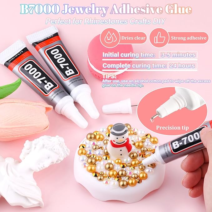14000Pcs Flatback Pearls and Rhinestones for Crafting, White Brown Mixed Size 3-8mm Resin Rhinestones and Half Pearls for Bedazzling, Nail Art and Decoration with 3pcs B7000 Jewelry Glue
