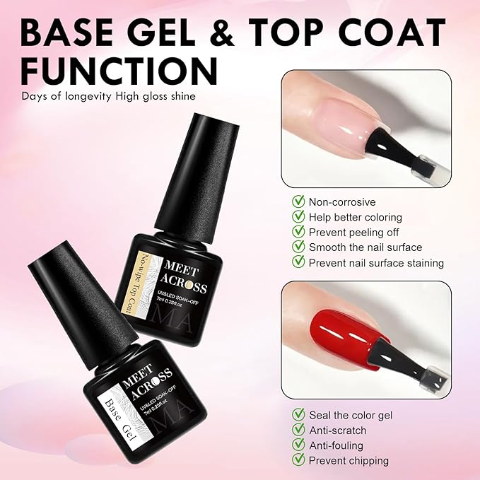 MEET ACROSS All-in-One Extension Mini Kit 2×7ml Non-Sticky Builder Gel Starter Kit WIth Base & Top Coat/Dual-Silicone Pen/Pro File/20-Pc Reusable Dual Forms Salon-Grade Extensions (Clear+Pink)