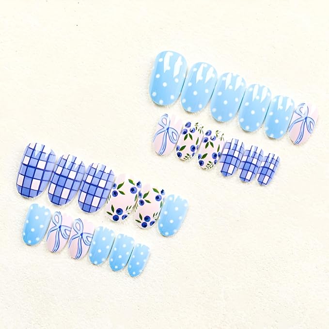 Short Almond Press on Nails Blue Fake Nails Polka Dot Nails Press Ons Blue Bow False Nails Glossy Full Cover Stick on Nail Spring Summer Glue on Nail for Women Decorations Set 24Pcs