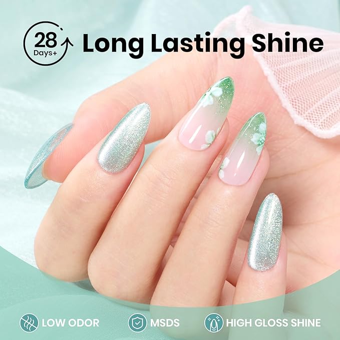 Beetles Green Cat Eye Gel Polish, 15ML Mint Green Cat Eye Glitter Gel Polish with Magnet Soak Off UV Shimmer Velvet Gel Mint Stardust Series French Nail Art Design Manicure Gifts for Women