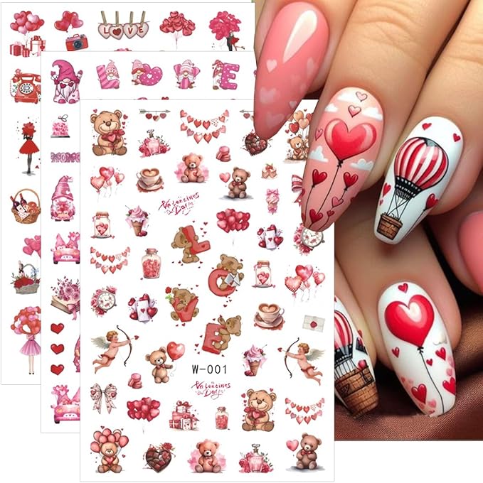 6 Sheets Valentines Day Nail Art Stickers 3D Self-Adhesive Heart Nail Stickers Romantic Cupid Angel Dwarfs Bear Lovers Designs Red Pink Nails Art Supplies Valentines Nail Decals for Women DIY