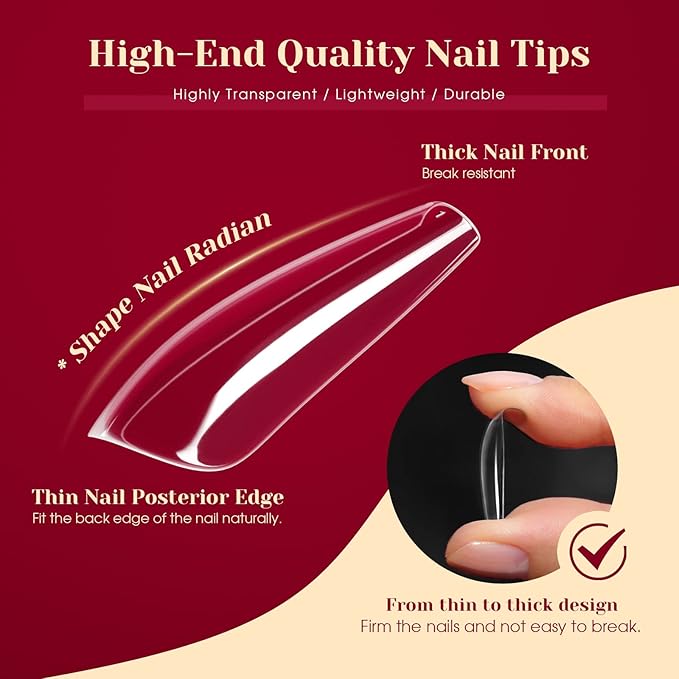 264PCS Long Coffin Clear Fake Nail Tips,ROSALND Full Cover Press on Nails Acrylic False Nail Tips with Box,12 Size Fake Nails for Extension Shaped Soft Gel Nail Tips Nails Art Salon for Women