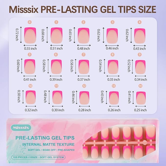 Misssix French Tip Press On Nails, 150Pcs French Gel Nail Tips, Short Square Soft Gel Fake Nails, X-BASIC Tips Starter Kit for Nail Art DIY 15 Sizes