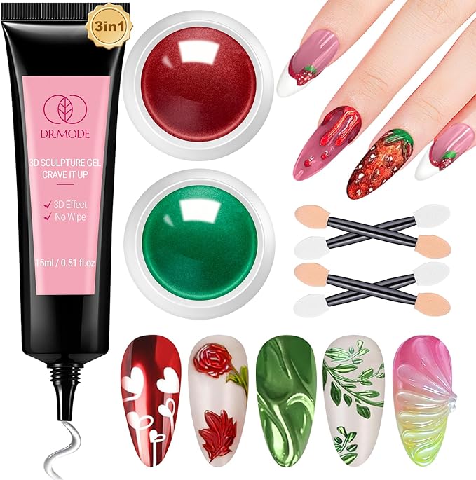 DRMODE 3D Nail Gel and Chrome Nail Powder Kit, Christmas Red Green Metallic Mirror Nail Chrome Powder Glitter, 3 in 1 No Wipe Clear 3D Sculpting Gel for Nail Art Carving Molding Rhinestone Glue 15g