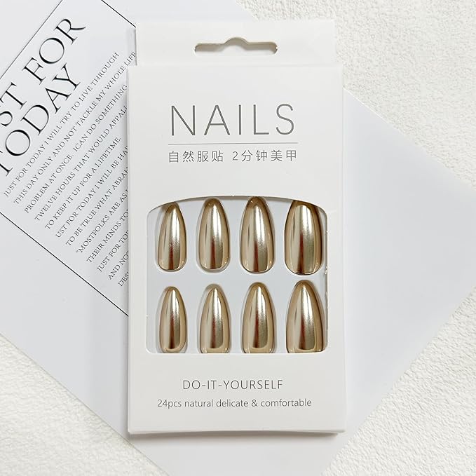 Gold Press on Nails Medium Almond Fake Nails Chrome Metallic False Nails Press ons Christmas Acrylic Glue on Nails Cute Artificial Stick on Nail for Women Manicure 24Pcs