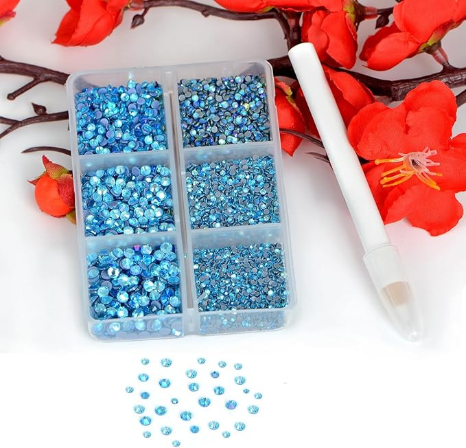 Bymitel Hotfix Crystal Rhinestones Round Gems for Crafts,Mixed 6 Sizes with Wax Pencil Kit, Aquamarine AB 1.3-3.2mm(SS3-SS12/8000pcs)