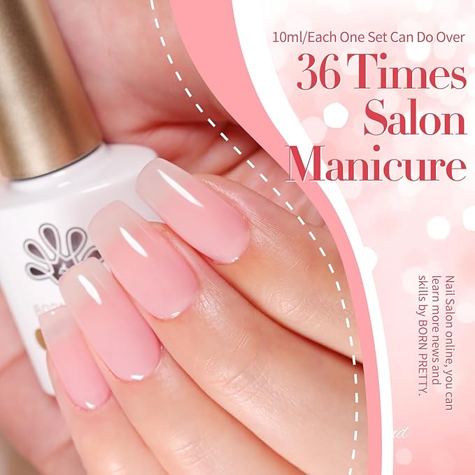Born Pretty Jelly Gel Nail Polish Sheer Pink Gel Nail Polish Valentine's Day Crystal Transparent Milky Gel Polish Kit Nail Art Varnish Collection Gift Set 7ML 6PCS
