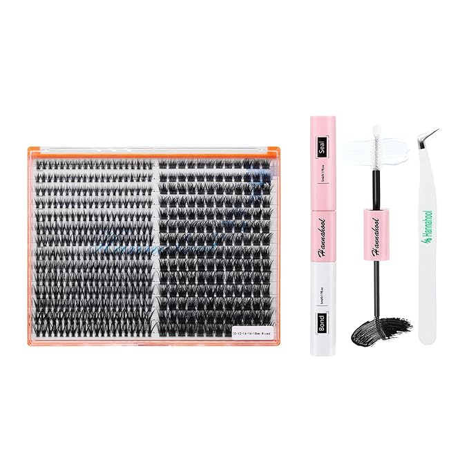28Rows,wholesale Pack Mixed 40D Wide Stem Cluster Eyelashes Kit 2 in 1 Bond&Seal+ 1pcs Tweezer Grafting D Curl Individual False Eyelashes Home DIY Eye Lashes Extensions (40DC-10-12-14-16-18MM Mix)