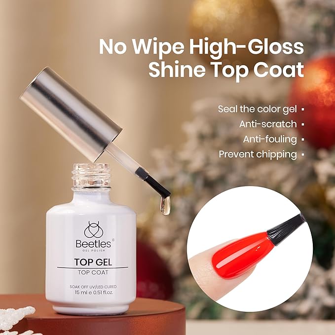 Beetles Gel Top Coat Set, 2Pcs 15ml Top Coat Gel Nail Polish No Wipe Long Lasting Shining Glossy Manicure Soak off U V Lamp Needed Nail Art Design Gifts for Women