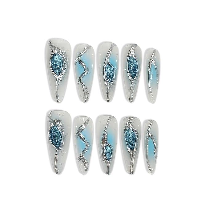 10PCS Long Stiletto Press on Nails with Tools Kit - Icy Ocean Blue Cat Eye & Metallic Liquid Design Glue on Nails | Rebel Glam 3D Relief Fake Nails | Long Sparkling Mermaid False Nails(XS)