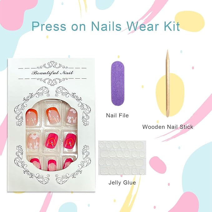 Flower Press on Nails Short Square Fake Nails with Heart Checkered Design Cute Floral False Nail Spring Stick on Nail for Women 24Pcs