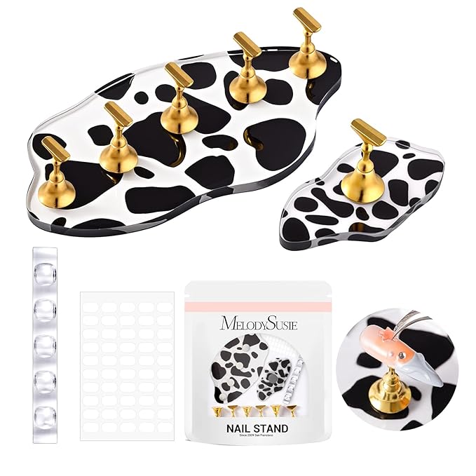 MelodySusie Update Nail Stand for Press Ons, 2 Spotted Cloud Magnetic Bases for Practice Painting Display Practice with Brush Holder and Reusable Double-Sided Tape for Home DIY Salon Supplies