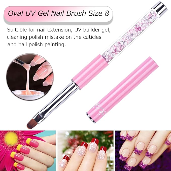2Pcs Oval & Flat UV Builder Gel Nail Brush Set Rhinestone Handle Polygel Hard Gel Nail Art Brushes Pink