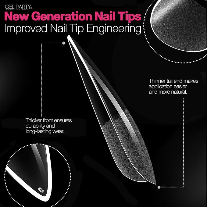 GELPARTY Soft Gel Nail Tips Long Stiletto - 240Pcs Pre-Buffed Matte Full Cover Tips - No Filing Needed, Soak Off Gel Extension System - Clear False Nails (12 Sizes)