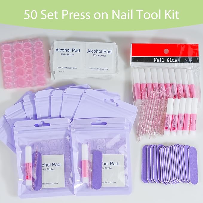 Press On Nail Tool Kit with Everything, Bebbtiy Press On Nail Prep Tool Kit Disposable Manicure Kit with Nail File, Nail Glue, Prep Pads, Adhesive Nail Tabs, Wood Stick, Packaging Bag (50pcs-purple)