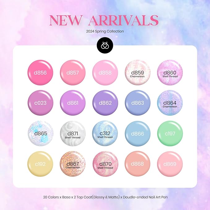 Beetles Spring Gel Nail Polish Set - 24Pcs Pink Purple Pearl Blue Shimmer Chameleon Green Colors Gel Nail Kit, 3Pcs Base Top Coat Double-ended Brush Soak off UV Nail Polish Valentines Gifts for Women