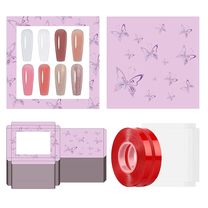 ANGNYA 72PCS Empty Press On Nail Packaging Box Contains 35PCS Butterfly Press On Nail Boxes, 35PCS White Display Cards, 2PCS Double Sided Tapes, Nail Tip Storage Case for Press-on Nail Business