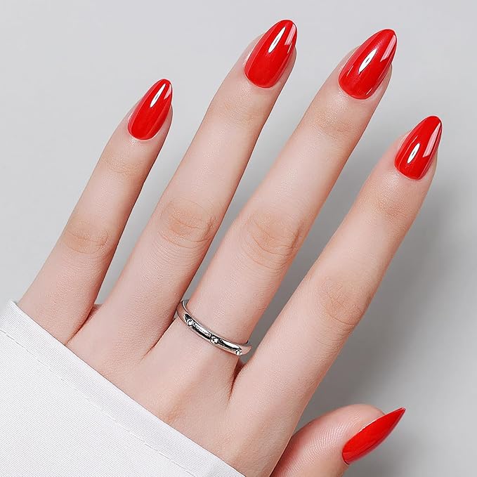 Luxbon Chrome Press On Nails with No-Cure Nail Glue and Tool Kit – Short Almond Soft Gel Tips 25-30pcs Full Size Set, Reusable Fake Nails for Women, Salon Look at Home, Red