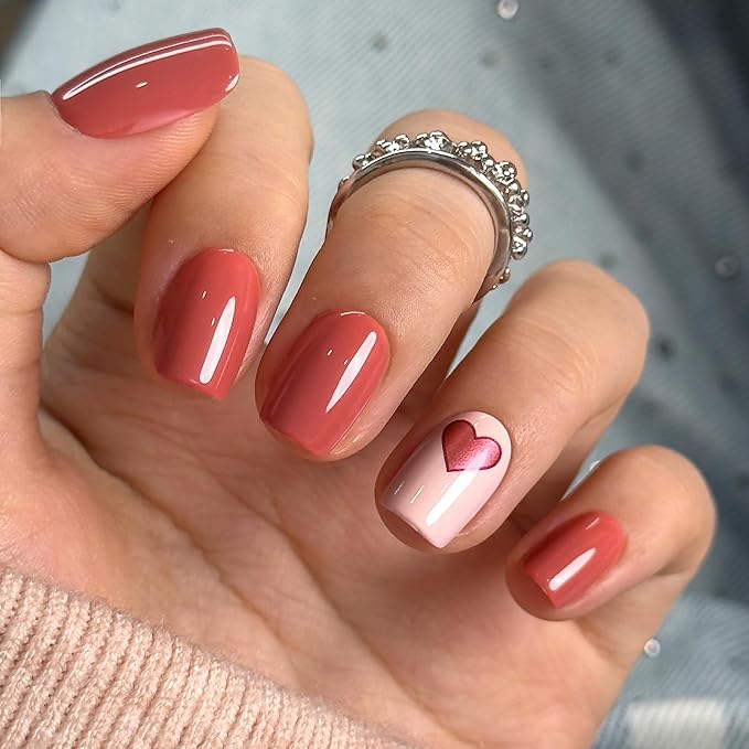 CurvLife Press On Nails Short – 30Pcs Soft Gel Fake Nails, Shimmery Pink Heart Reusable Glue On Nail Kit with Adhesive Tabs, Natural Fit & Salon-Quality for Women & Girls