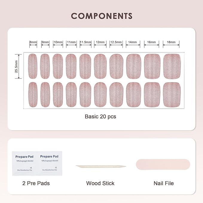 Semi Cured Gel Nail Strips – Real Gel Nail Polish Wraps UV Light Required | Long Lasting Easy Peel-Off Removal | Hema-Free | 20-Piece Cat-Eye Glitter Pink Salon Sticker Kit with File & Stick