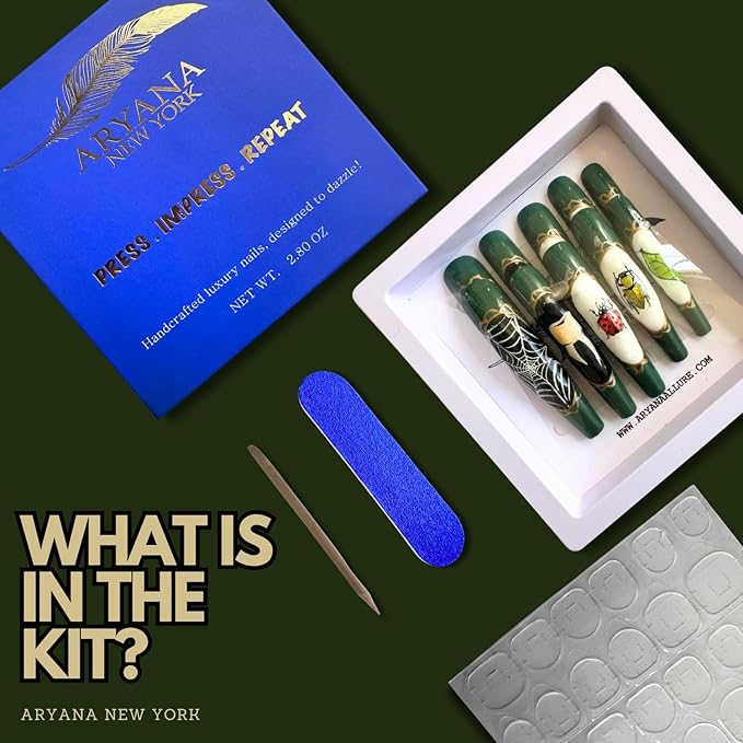 ARYANA NEW YORK Press On Nails Coffin - Handmade, Reusable, Luxury Long Coffin Nails 10 Pcs Handmade Nail Set, Oddities Beetles Collection - (Small)