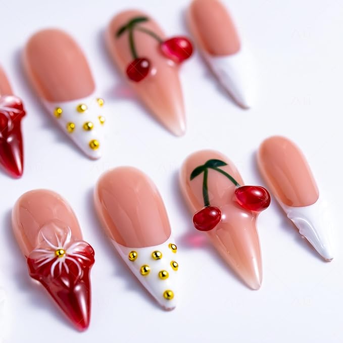 10 Pieces Handmade Long Almond Press On Nails, White Thickened French False Nails, 3D Flowers And Cherries, Reusable Fake Nails Almond, Reusable Acrylic Nails (S)