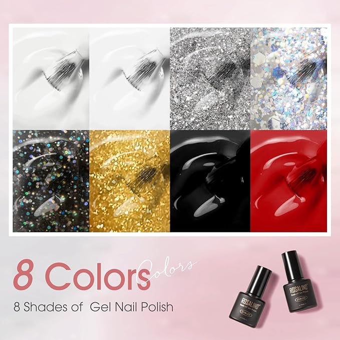 ROSALIND White Black Gel Nail Polish, 8 Colors Silver Gold Gel Polish Soak Off UV Clear Glitter Sparkly Nail Polish Set for Home Salon Manicure