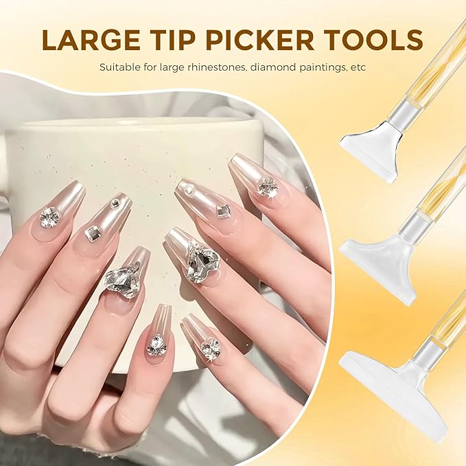 Rhinestone Picker Tool Kit: 2Pcs Rhinestone Applicator Handle, Dual-Ended Bedazzling Tools Pen with 12 Upgraded Plastic Replacement Tips, Clay for DIY Nail Art Craft (Yellow)