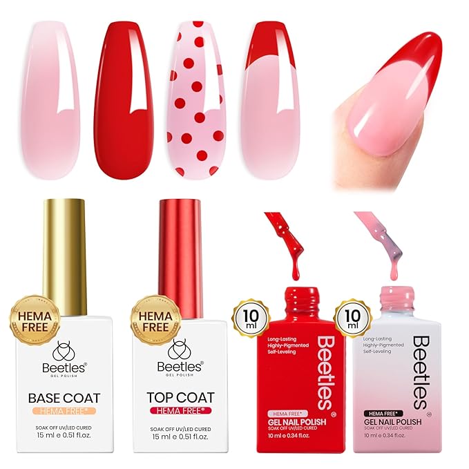 Beetles French Tip Gel Polish - Dusky Rose, 2 Colors Red & Jelly Pink Gel Nail Polish Set with Base Coat Top Coat, Soak Off UV LED French Nail Kit, Spring Nails Complete for Beginner & Professional