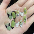 St. Patrick’s Day 30Pcs Handmade Press on Nails Almond Fake Nails Fluorescent Green False Nails with 3D Gradient Flower Butterfly Rhinestone Glossy on Nail Full Cover Press Ons Nail for Women Manicure