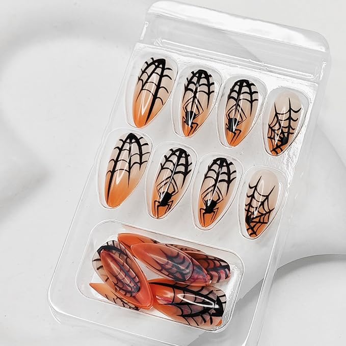 Halloween Press on Nails,Medium Almond Fake Nail with Spider & Spider Web Designs,Orange Nail Tip Acrylic Nails,Full Cover Glossy False Nails | Stick on Nails for Women Halloween Nail Art-24Pcs