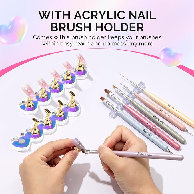 MelodySusie Nail Stand for Press Ons, 2 Sets Blue Heart Shape Acrylic Magnetic Base for Practice Display with Brush Holder and 100 Pcs Reusable Double-Sided Tape for Home DIY Salon Supplies