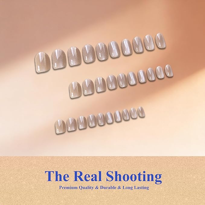 Cat Eye Press on Nails Short, Chrome Press on Nails Oval, Thick Glazed Beige Nude Fake Nails Press ons for Women Wedding, Reusable Magnet Bling Glitter Glue On Nails Almond in 15 Sizes, 30 Pcs