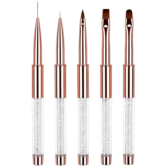 5pc Nail Art Brush Set - Rose Gold Rhinestone Handles with Gel Polish, Liner, Drawing Brushes for Salon & DIY Manicure