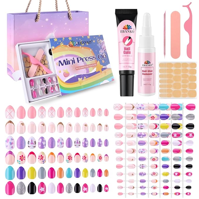 EBANKU 156 Pcs Press on Nail Kids Gift Box, 6 Pack Cute Patterns Kid Flase Nails Kit with Nail Glue Set Fake Nail for Girls 5-10 Years Christmas Gift Set