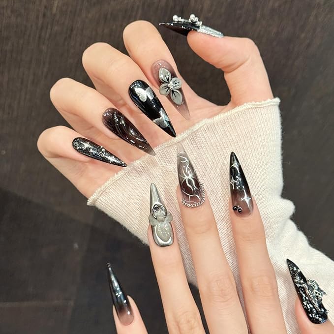 Handmade Press on Nails Stiletto Hand Painted Butterflies and Stars on a Dark Silver Skull and Diamond Jewelry Piece Handmade Stiletto Press on Nails 3D Luxury Press on Nails（L）
