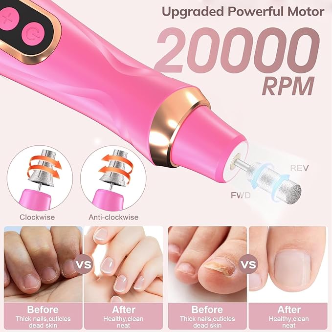 Professional Manicure Pedicure Kit Cordless Electric Nail File Set 6 Speed Cordless Nail Drill for Thick Nail Toenail Cuticle Hand Foot Care Nail Drill Tool(Rose)