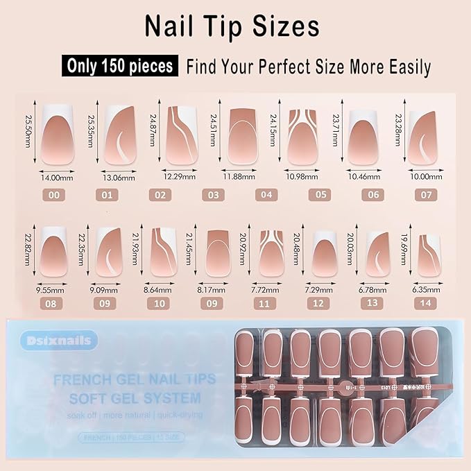 French Tip Press on Nails, 150pcs Square Long Swirl French Gel Nail Tips, Pre-lasting Soak Off Acrylic Fake Nails, No Need to File False Nail Tips Extension for Women Nails, 15Sizes