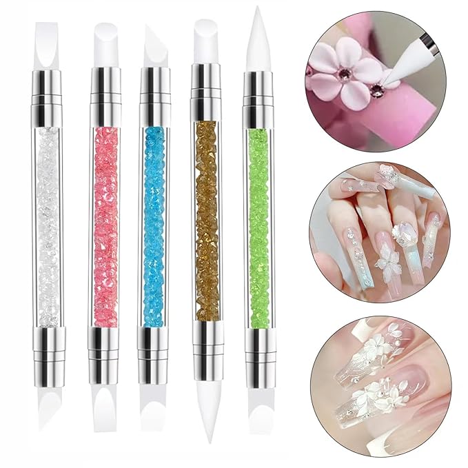5Pcs Double-Ended Silicone Nail Art Brushes, Dual-Tip Dotting & Sculpting Tools for Gel Polish, 3D Nail Art, Shaping, Drawing, Embossing & Manicure Clean Up-Colorful