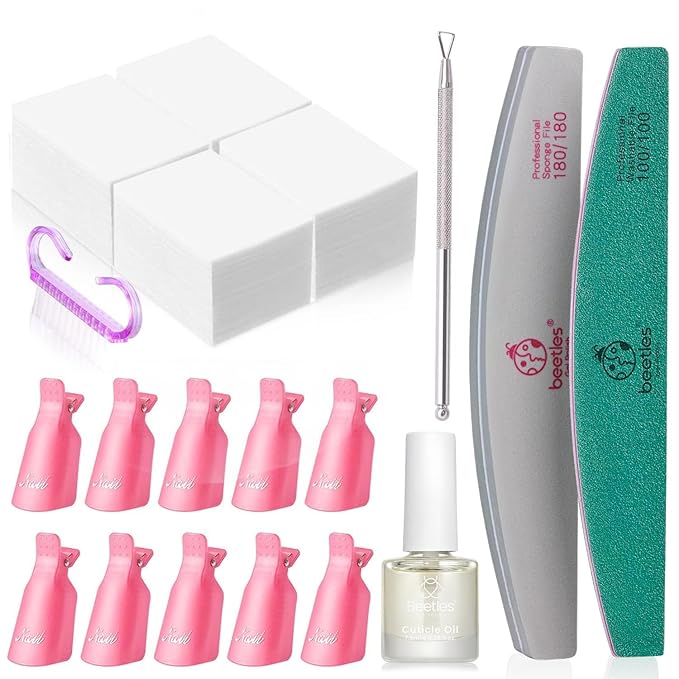 Beetles Gel Polish Remover Kit with 450 Pcs Lint Free Nail Wipes 10 Pcs Gel Polish Remover Clips Cuticle Oil Cuticle Pusher Nail File