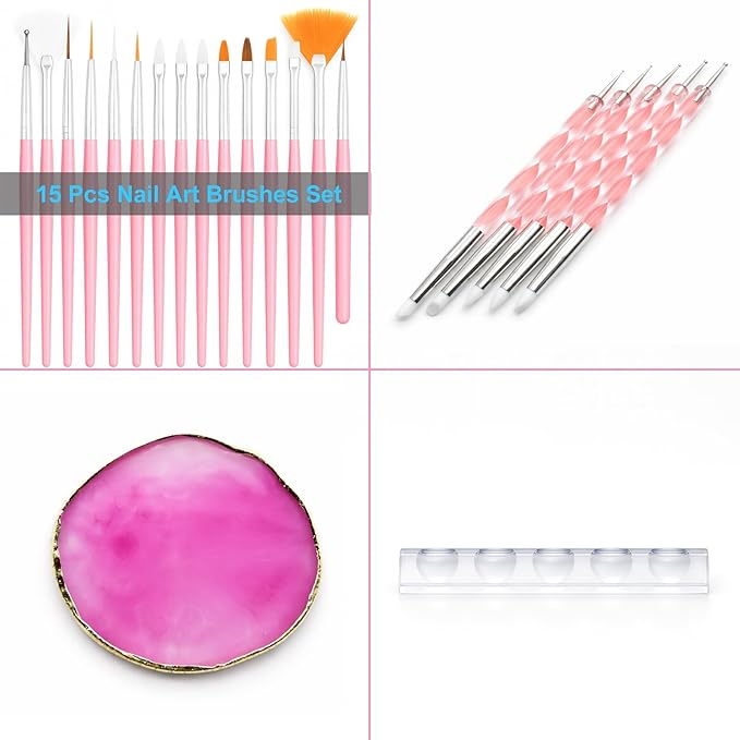 Nail Art Brush Set with Silicone Sculpting Tools, Metal Dotting Tips & Brush Holder – Includes Mixing Palette, Nail Painting Brushes for Gel, Acrylic, DIY Nail Design, Salon & Home