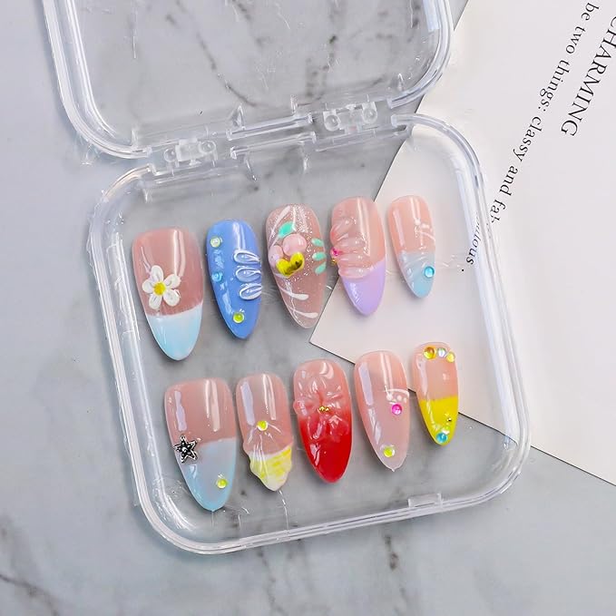 Handmade Flower Press on Nails Blue French Tip Fake Nails with Stars Designs 3D White Flower & Water Ripple False Nail Full Cover Medium Almond Artificial Acrylic Nails for Women（Size S)