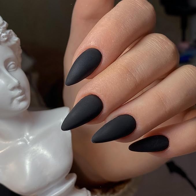 Matte Black Press on Nails Almond Shaped Medium Almond Nails Press on Neutral Acrylic Nails Reusable Fake Nails for Women, Glue on Nails Medium Length Stiletto False Nails Soft Gel Artificial Nails