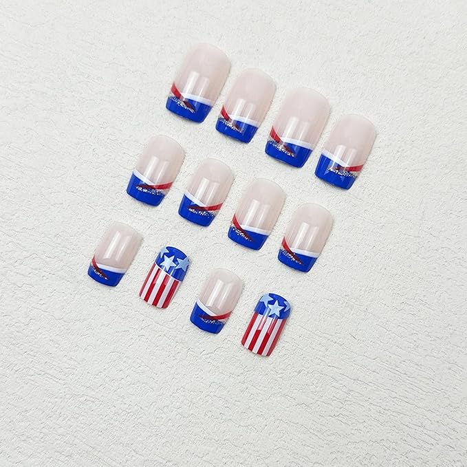 4th of July Press on Nails Medium Square MABKJLF Blue French Tip Fake Nails Stars False Nails with Stripes Glitter Designs Glossy Glue on Nails Acrylic Nails for Women Girls 24 Pcs