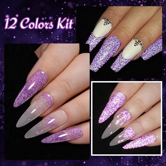 MTSSII Purple Reflective Gel Nail Polish Set, 12 Colors Lavender Violet Sparkly Gel Polish Diamond Shiny Glitter Soak Off Led Nail Polish for Women Girl DIY Nail Art Gift