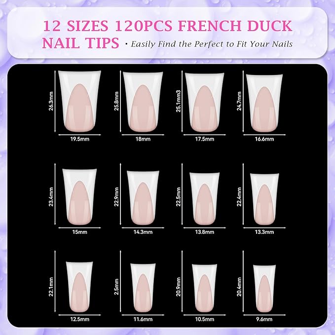 outopen 120pcs Duck Nail Tips Short Flesh Pink French Duck Tips Full Cover Fan Flare Duck Tips for Wide Press on Nail Crystal Duck Feet Nail Tips for Polygel Acrylic Extension, 12 Sizes