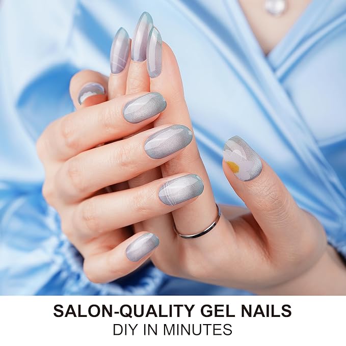 DANNI & TONI Semi Cured Gel Nail Strips Ocean Blue (Verdant Whisper) Magnetic Silver Cat Eye Gel Nail Wraps Flowers 28 Stickers